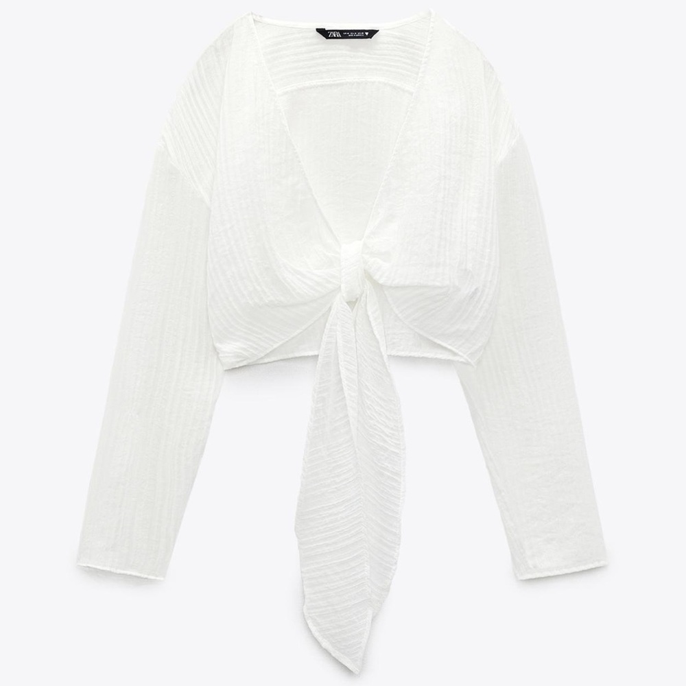 Zara Knotted Textured Top – White (Size: — S )